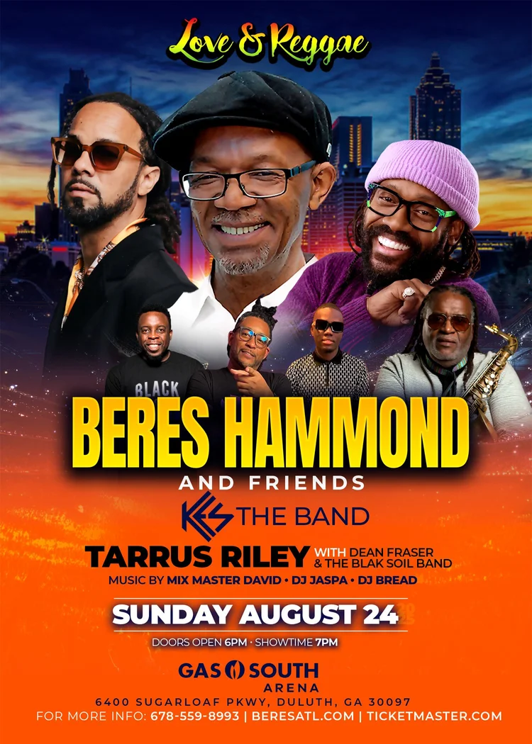 Back of the Beres Hammond and Friends Atlanta concert flyer in orange and black