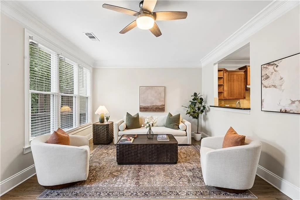 Bright living room with hardwood floors in a Decatur home