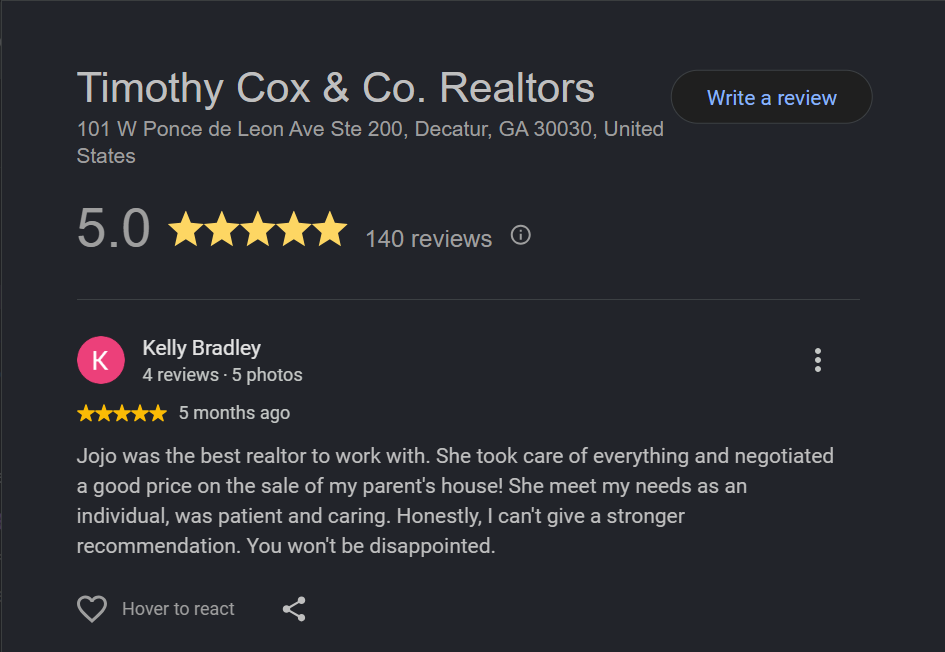 Kelly Bradley&rsquo;s five-star Google review of Timothy Cox & Co. Realtors