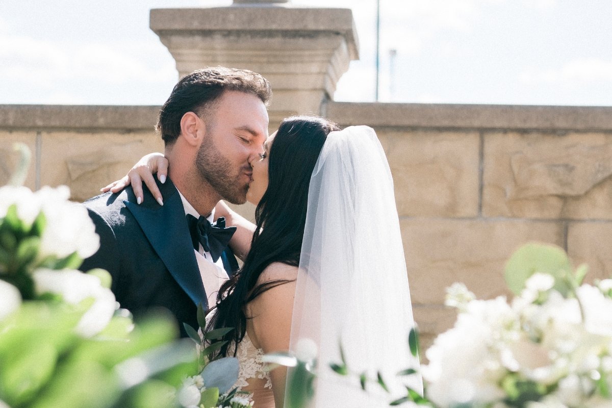 Bride and groom photographed at Château Le Jardin after their wedding ceremony.