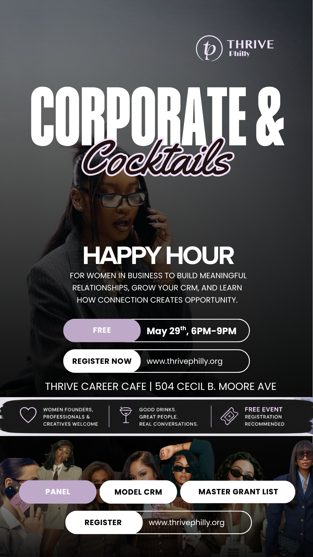Corporate & Connections Happy Hour — May 29th, 6 to 9 PM at Thrive Career Café, free event for women in business.