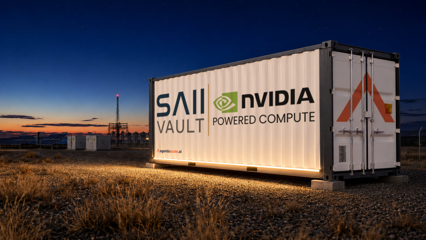 SAII Vault modular AI facility at a powered site, dusk