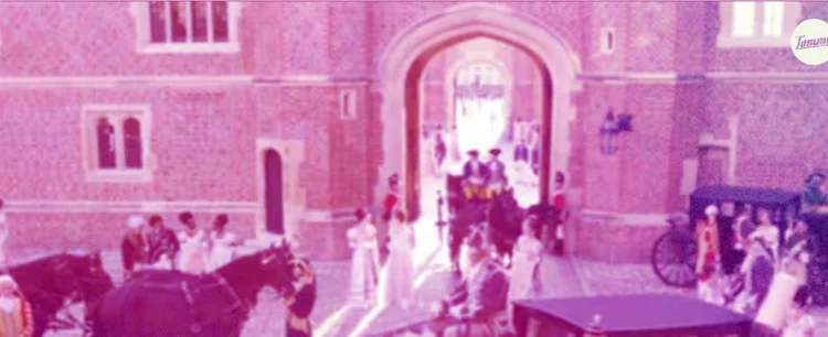 A Bridgerton carriage arriving at a palace