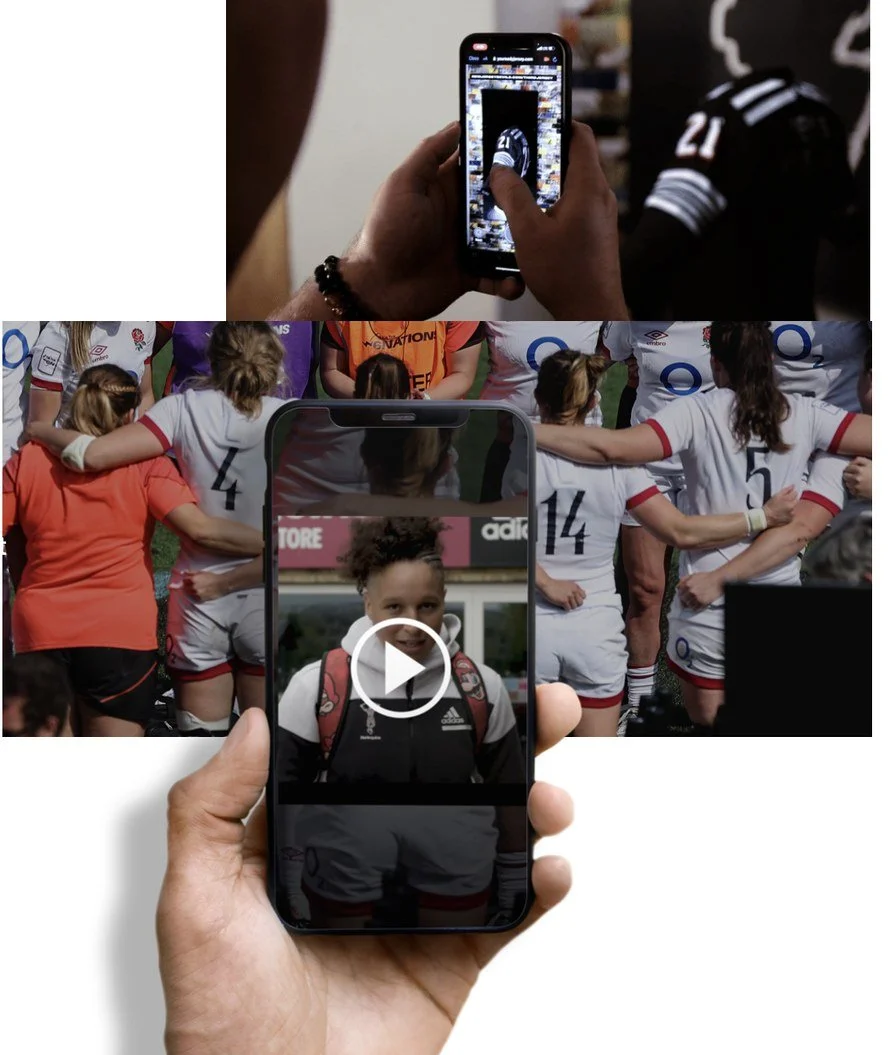 The Red Roses huddled together, with an interactive player story on a phone