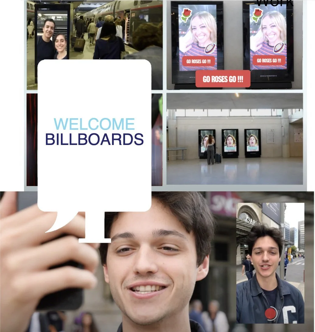 Fans recording welcome messages shown on airport billboards: Go Roses Go!