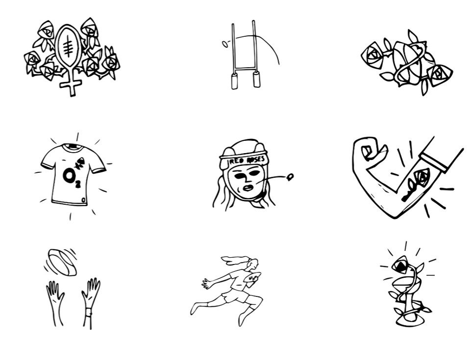 Hand-drawn Red Roses stickers: roses, rugby ball, posts, players