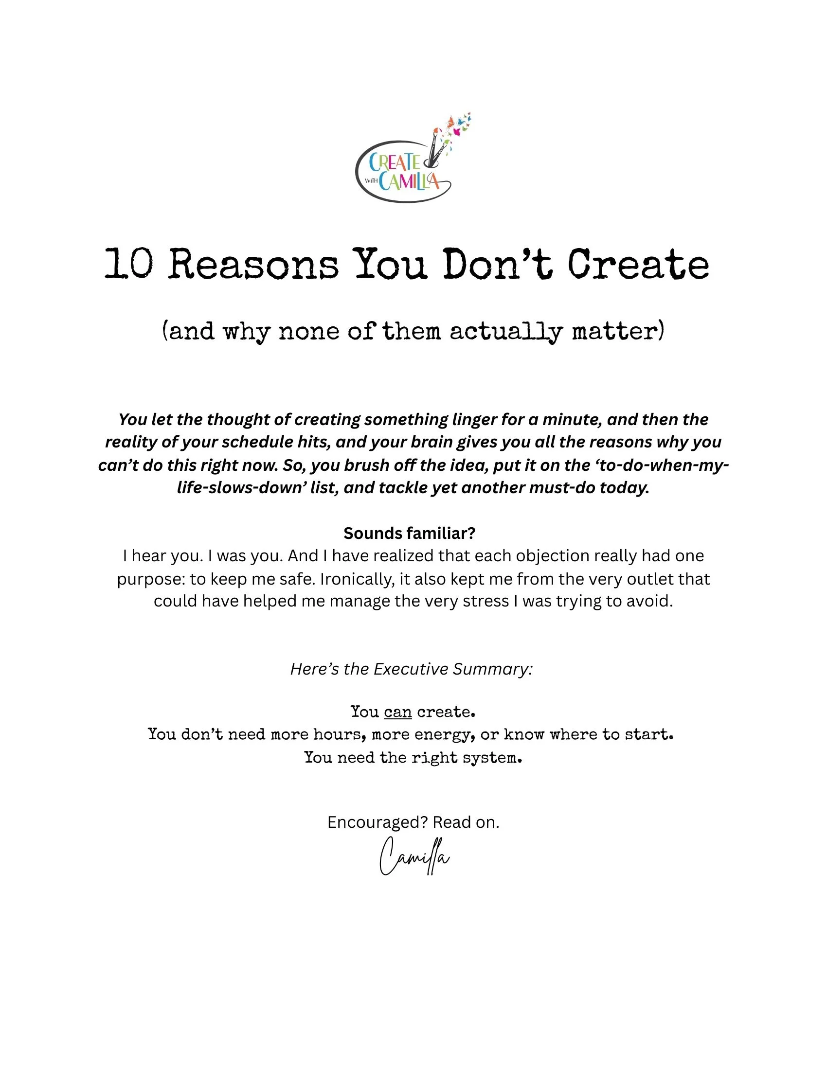 10 Reasons You Don't Create — Free Guide from Create With Camilla