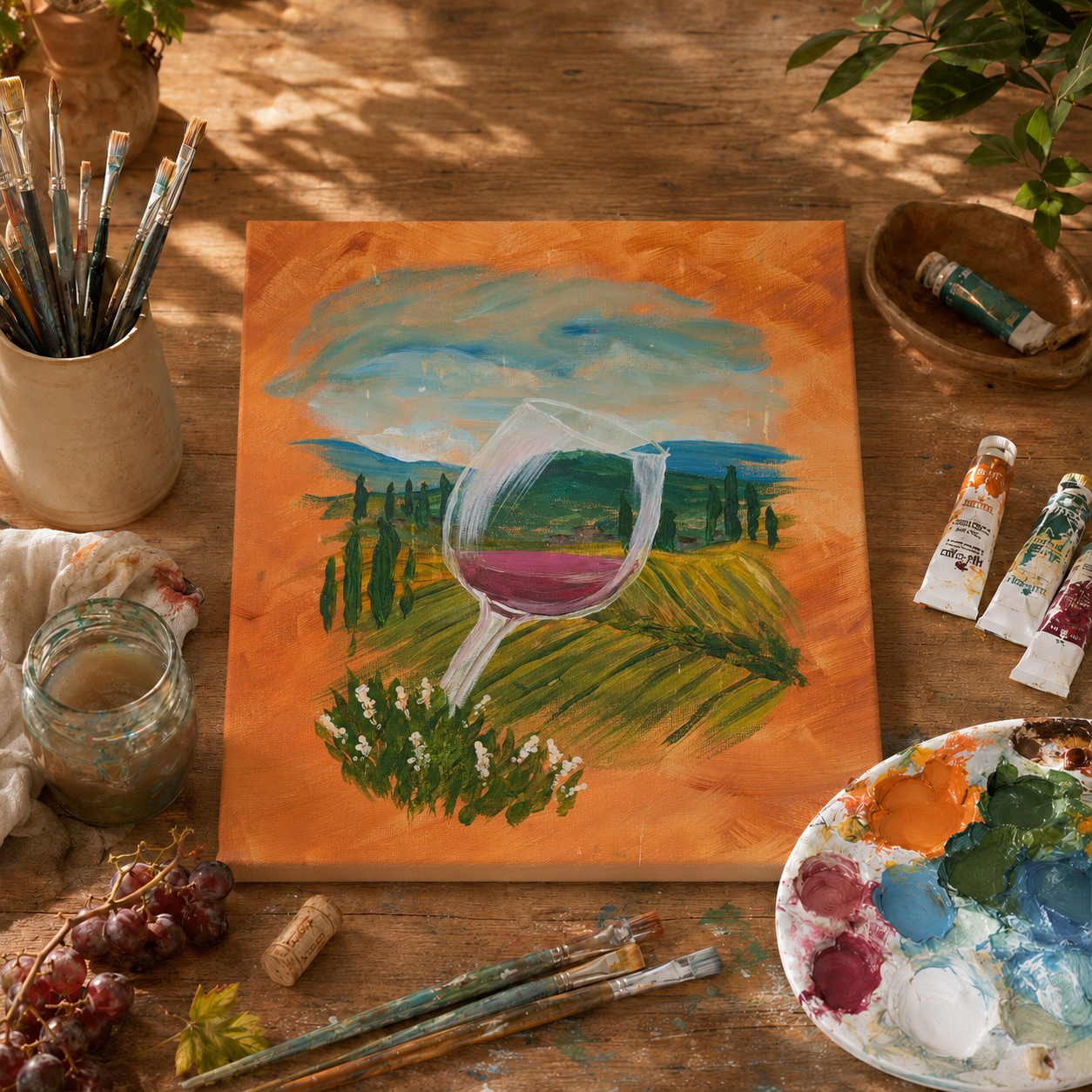 Chianti online painting tutorial displayed on a laptop with painting supplies
