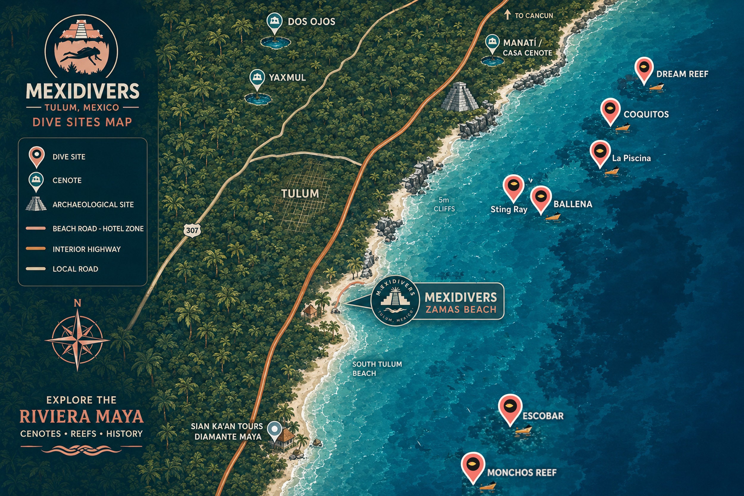 Mexidivers Tulum reef and cenote dive sites map