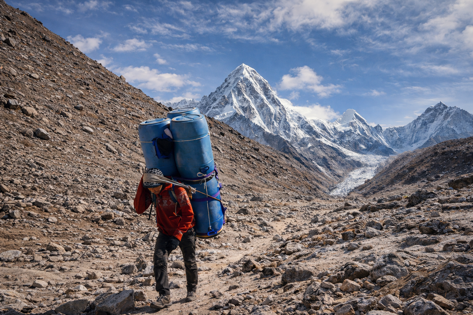 A porter carrying blue barrels along a rocky mountain trail