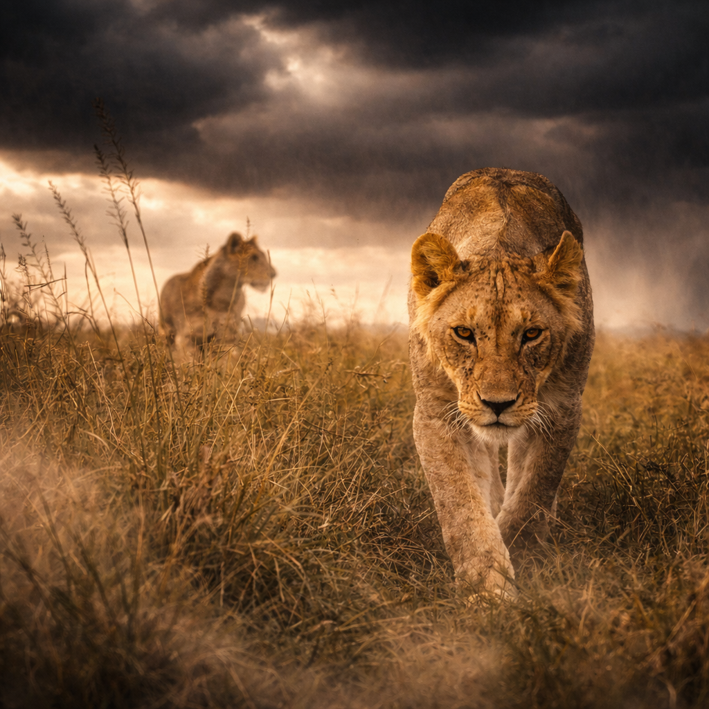 A lioness approaching through golden grass under storm clouds
