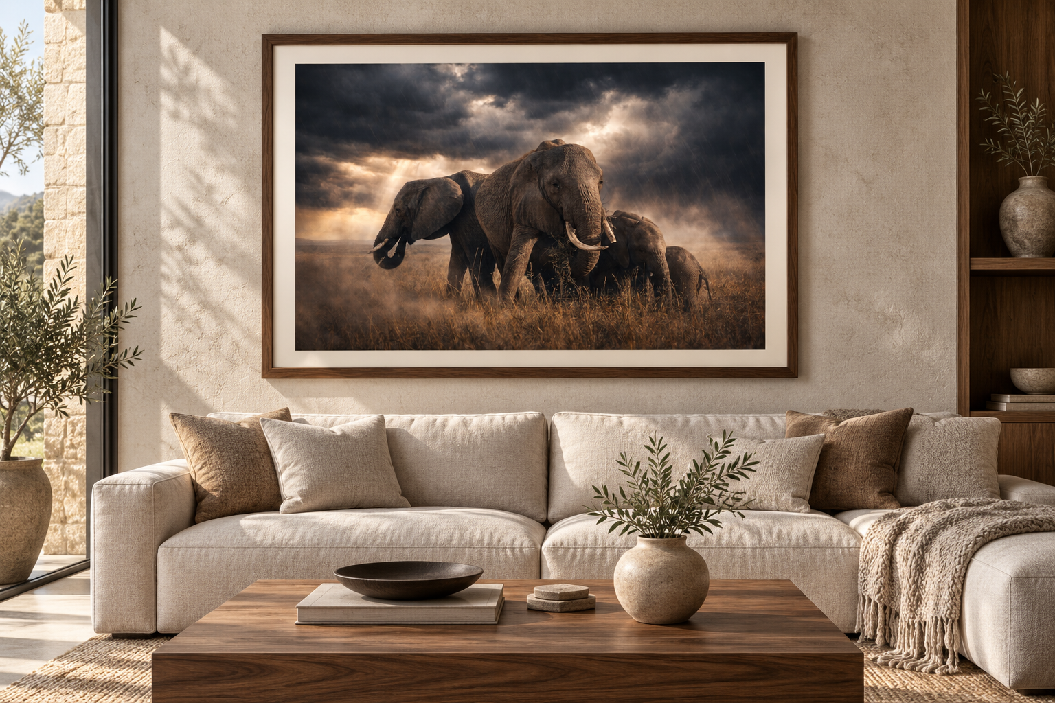 Elephant Family photograph in a walnut wooden frame above a linen sofa in a sunlit home