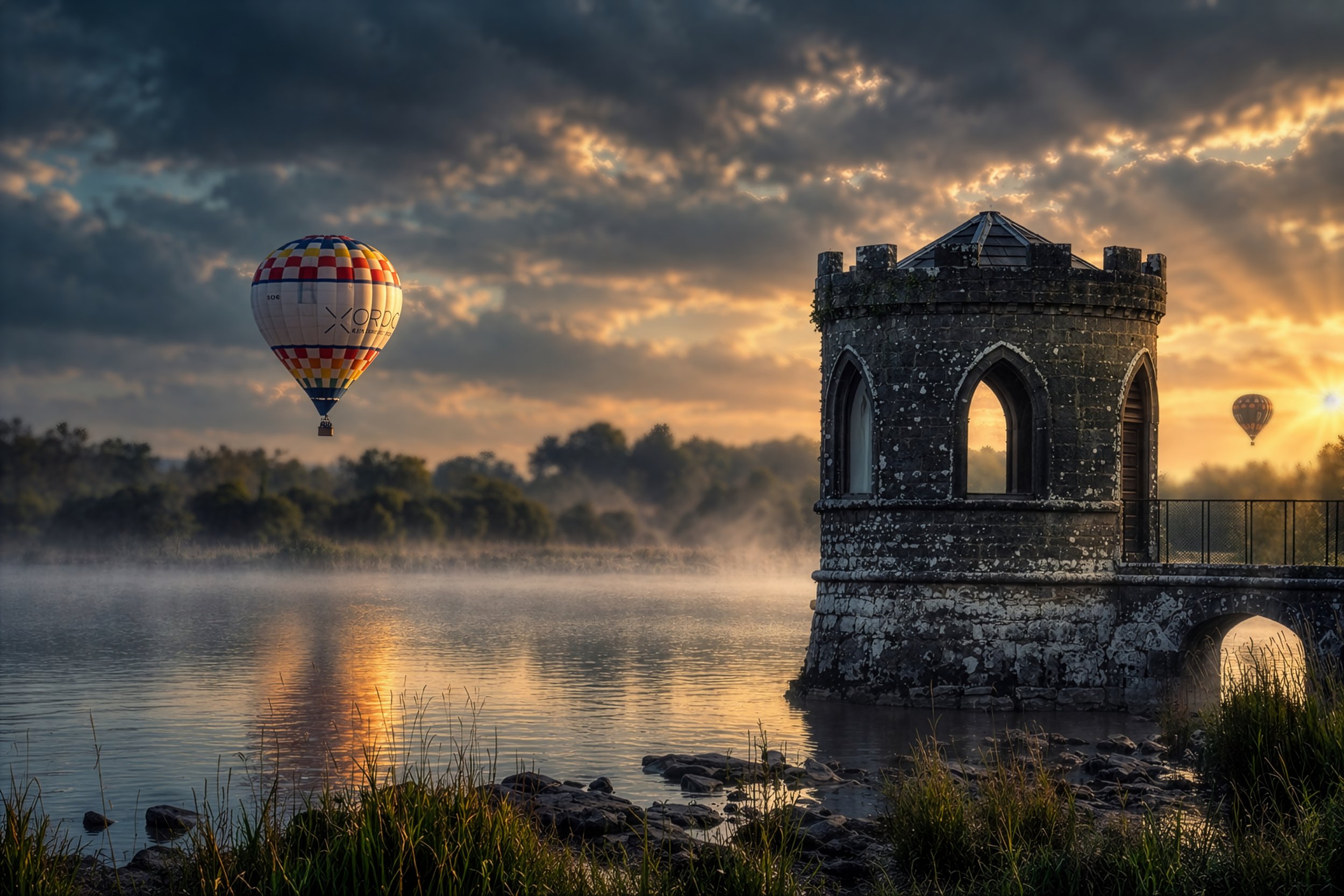 Hot air balloons above a lake beside a stone tower at dawn