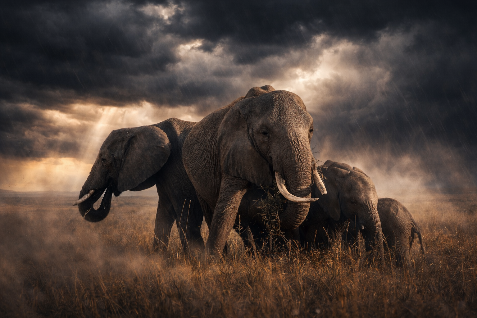 An elephant family beneath dramatic rain clouds