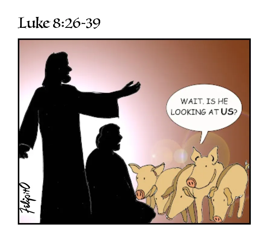 Cartoon of Jesus and the pigs from Luke 8