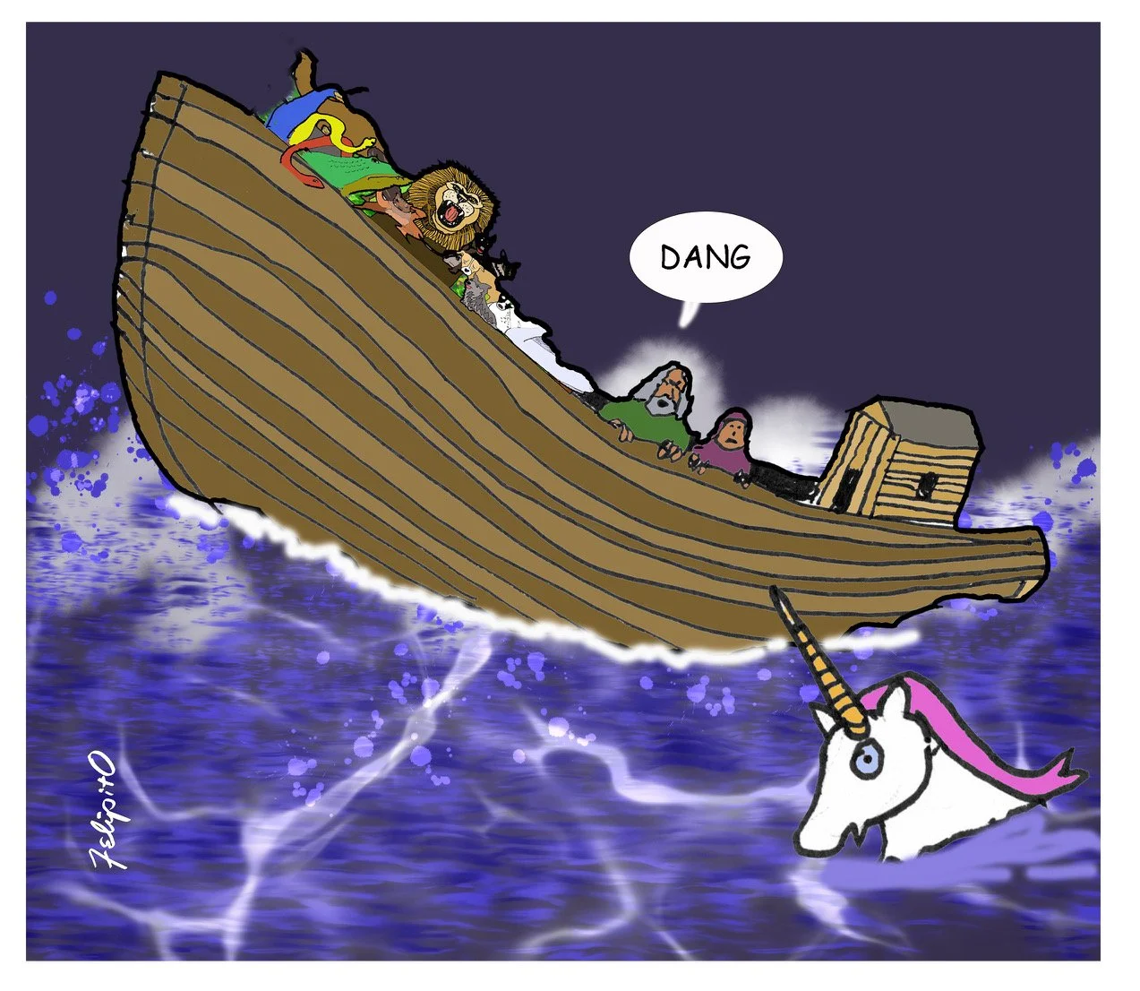 Cartoon of Noah's ark on floodwater with animals aboard and a unicorn in the water