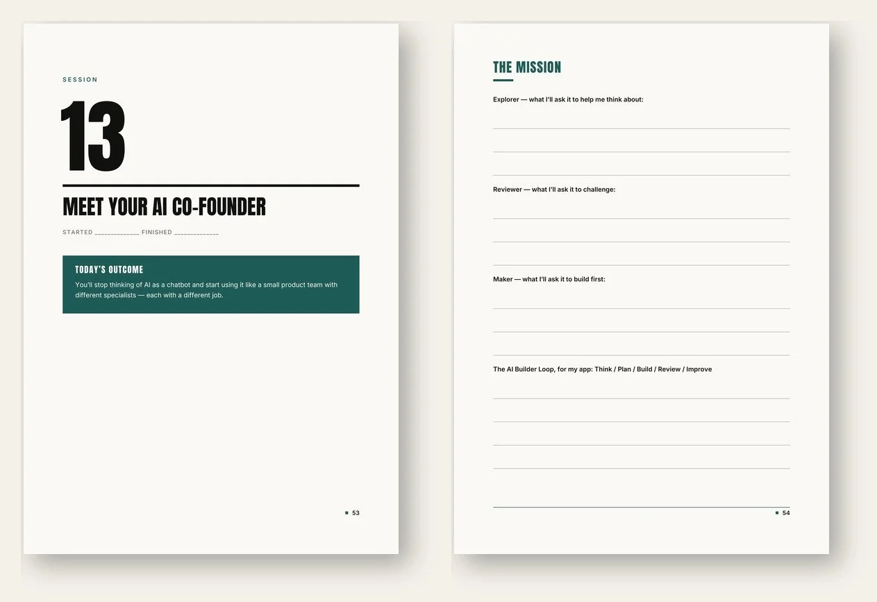 Two working pages from The Builder Journal for Session Thirteen, with a mission prompt and ruled space to write.