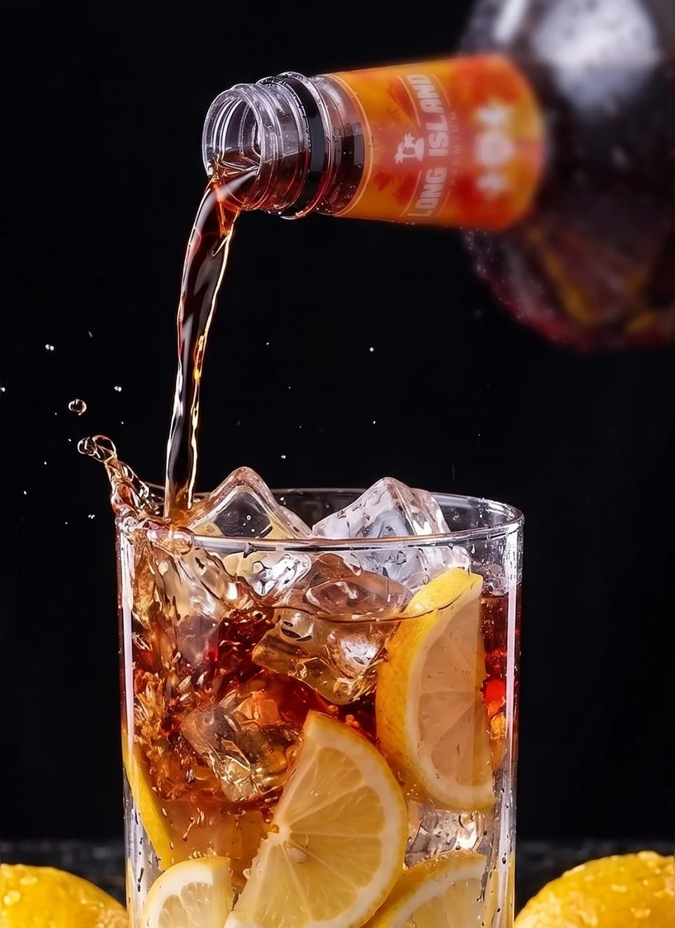 Long Island Premium cocktail being poured over ice and lemon