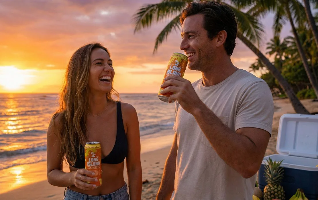 A couple enjoying Long Island Premium canned cocktails at the beach during sunset