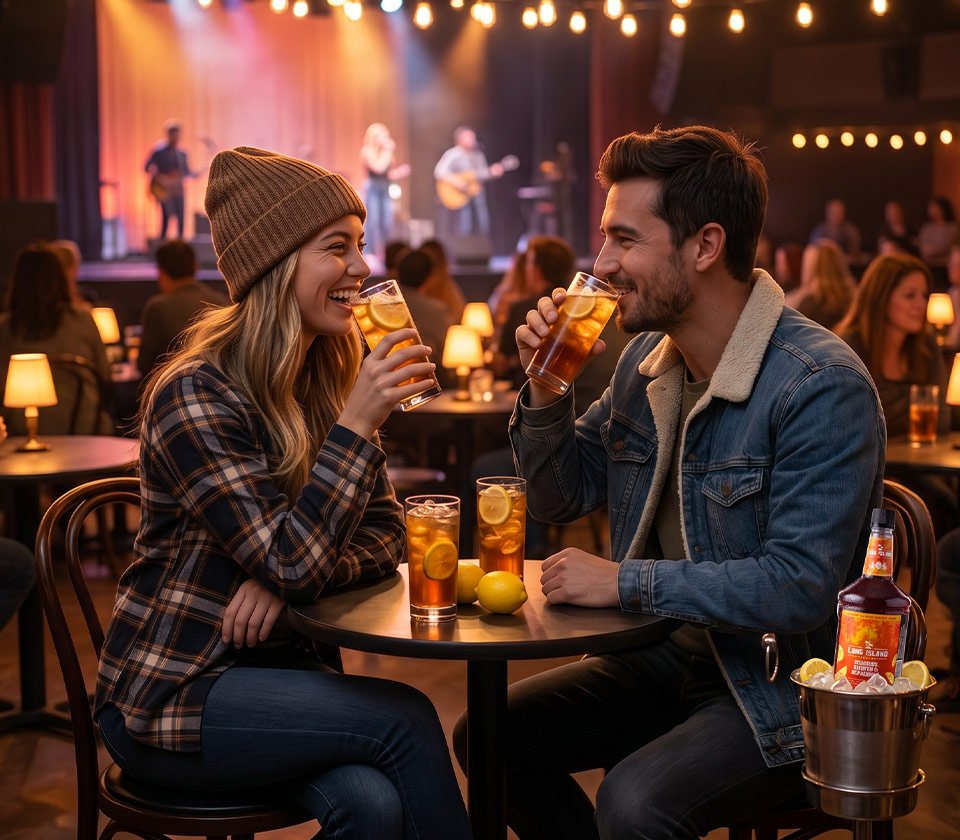 Couple enjoying Long Island Premium cocktails at a live music venue