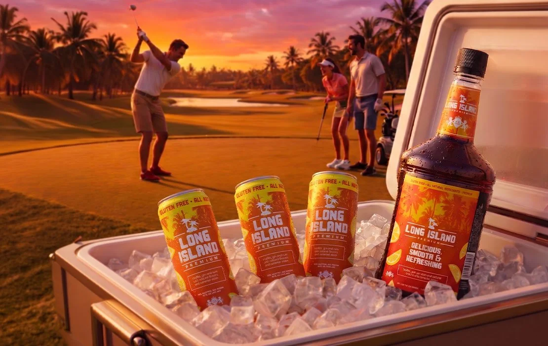 Long Island Premium bottles and cans chilled in a cooler on a golf course