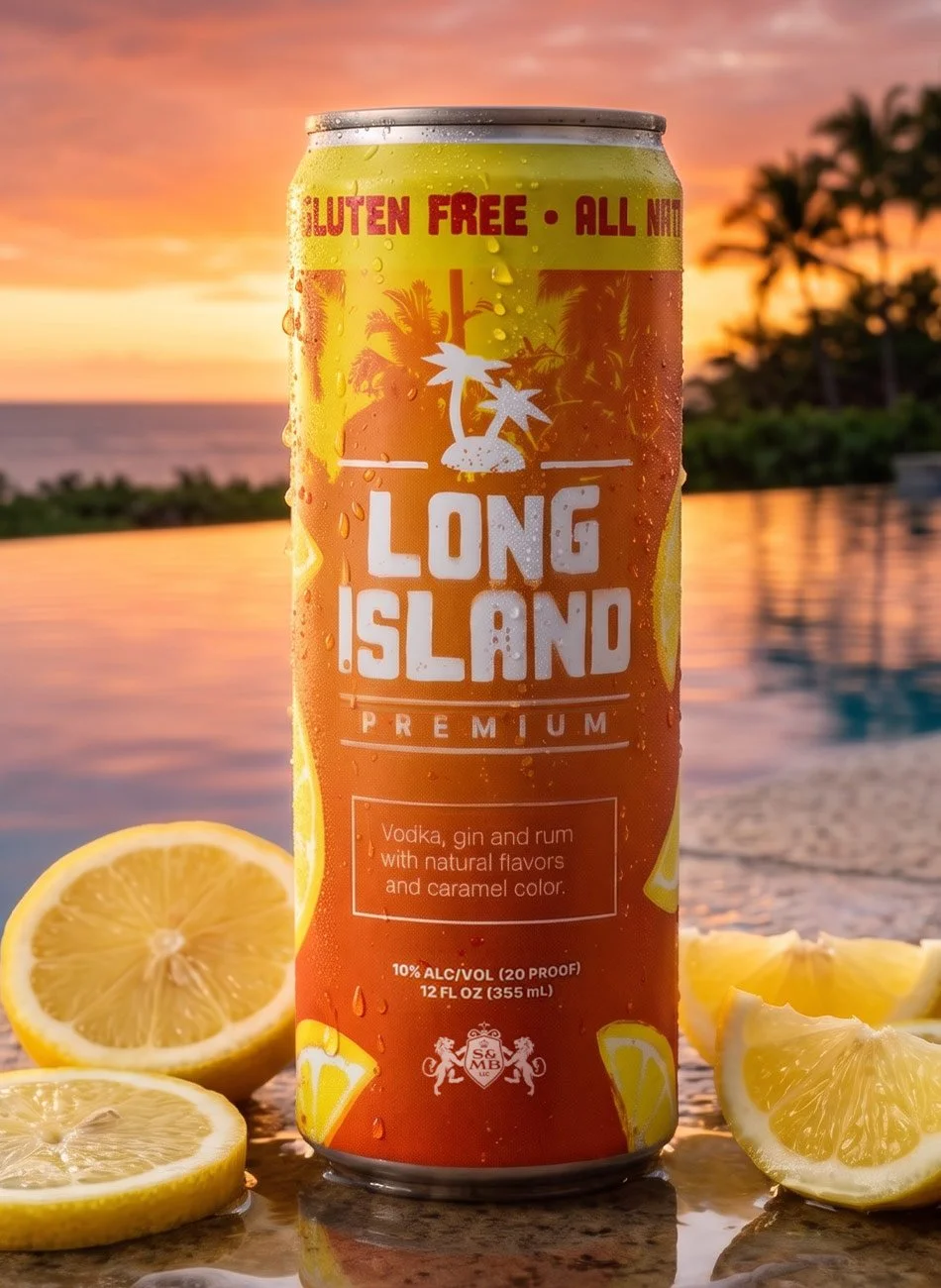 Long Island Premium can displayed beside fresh lemons at sunset