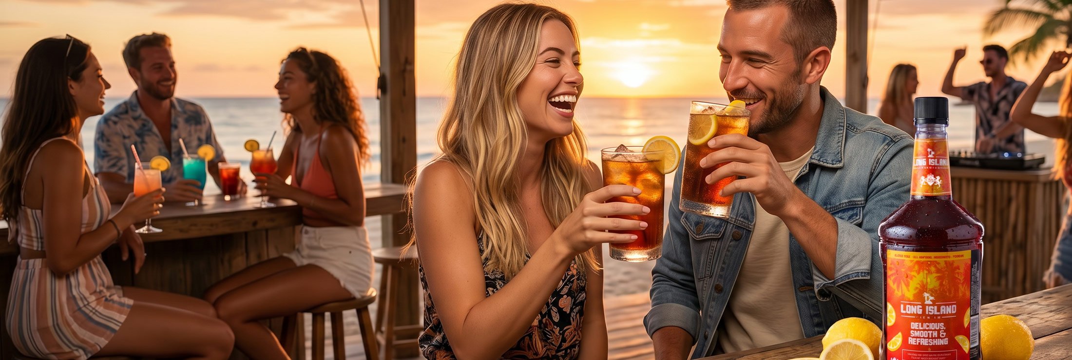 Friends enjoying Long Island Premium cocktails at sunset