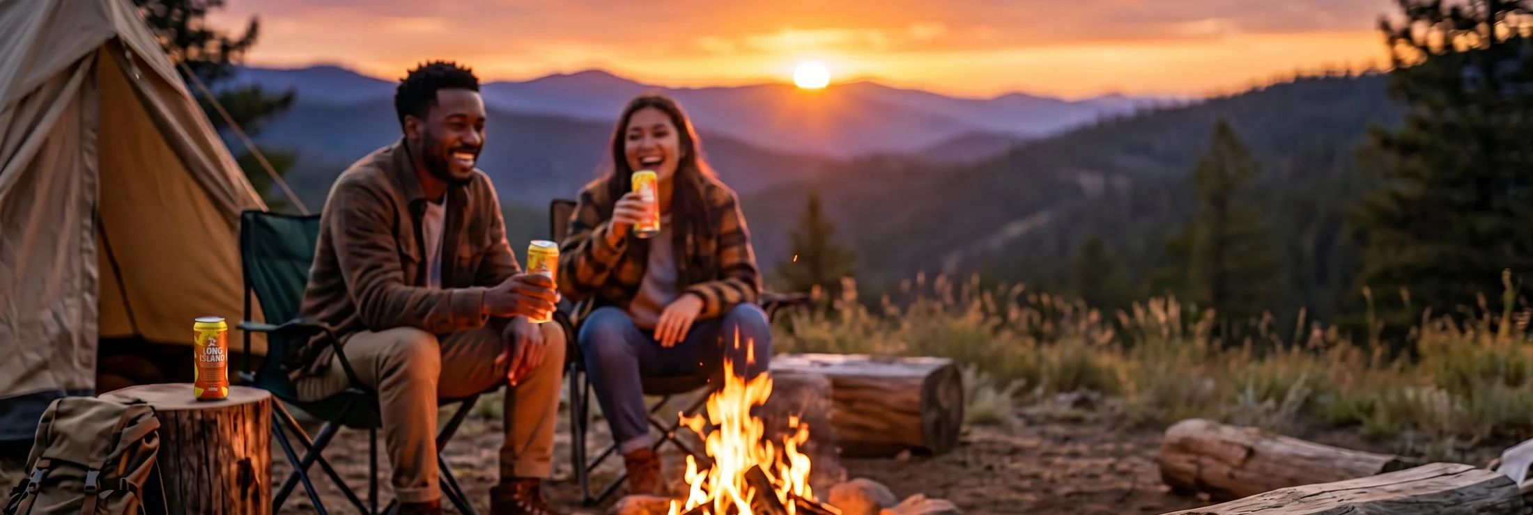 Friends enjoying Long Island Premium around a campfire at sunset
