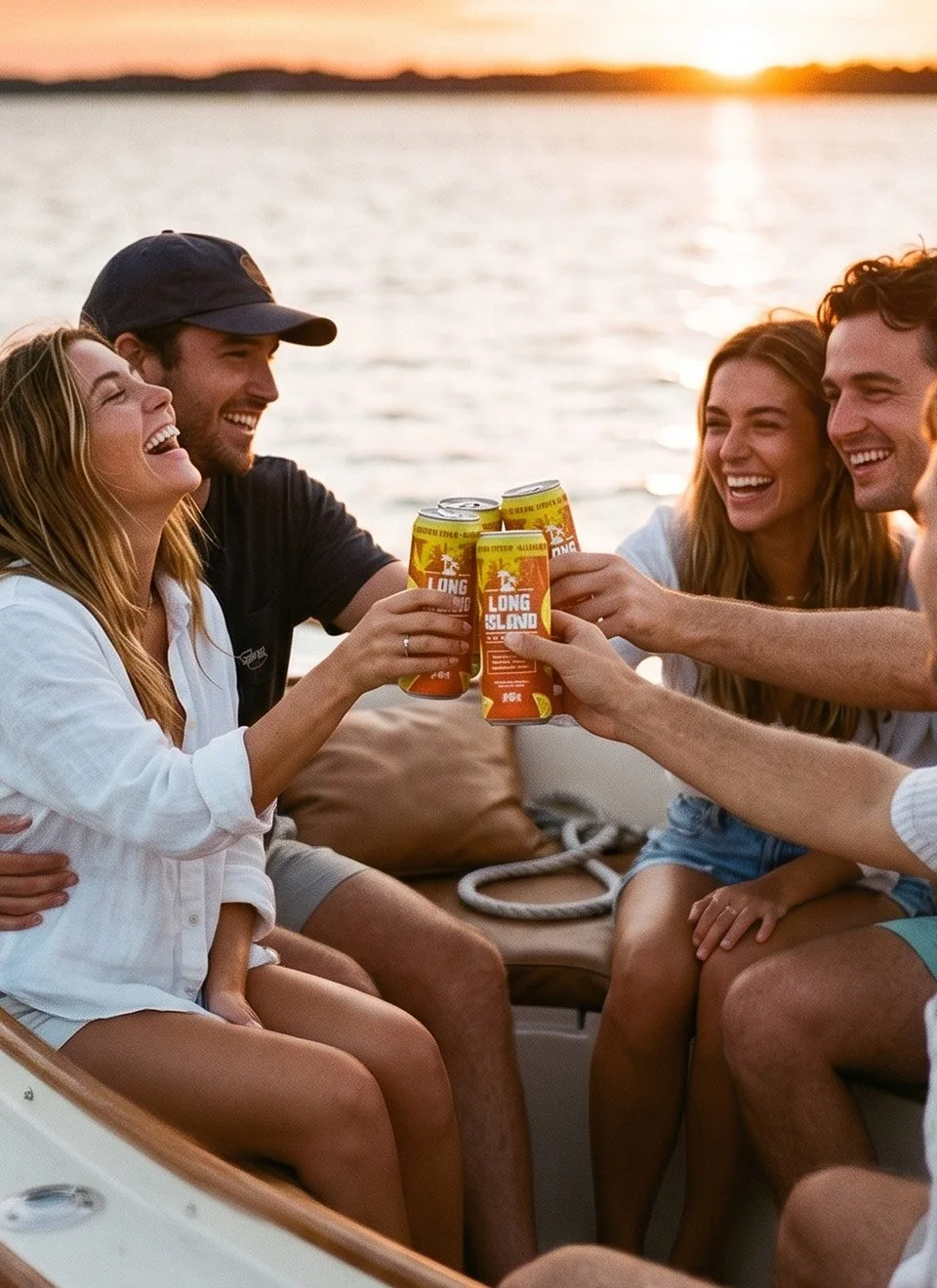 Friends celebrating with Long Island Premium cans on a boat at sunset