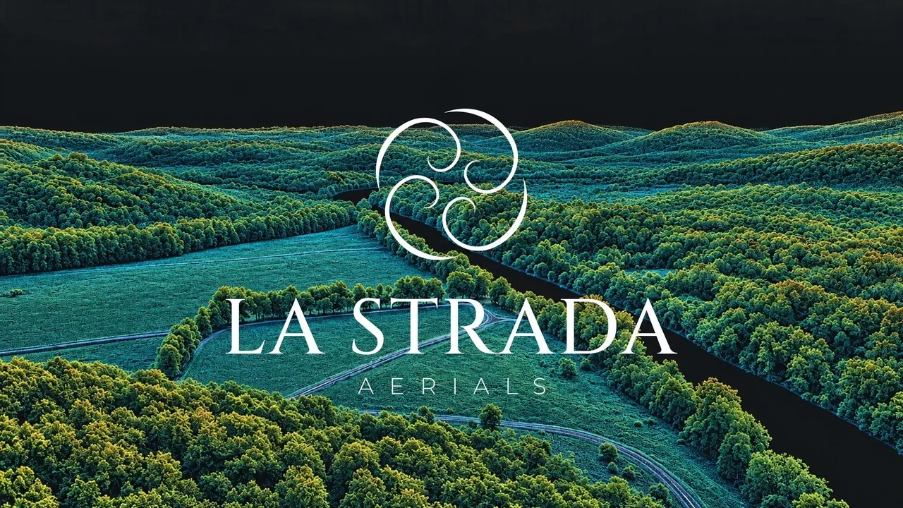 La Strada Aerials approved logo over an artistic simulated LiDAR view of a river landscape.
