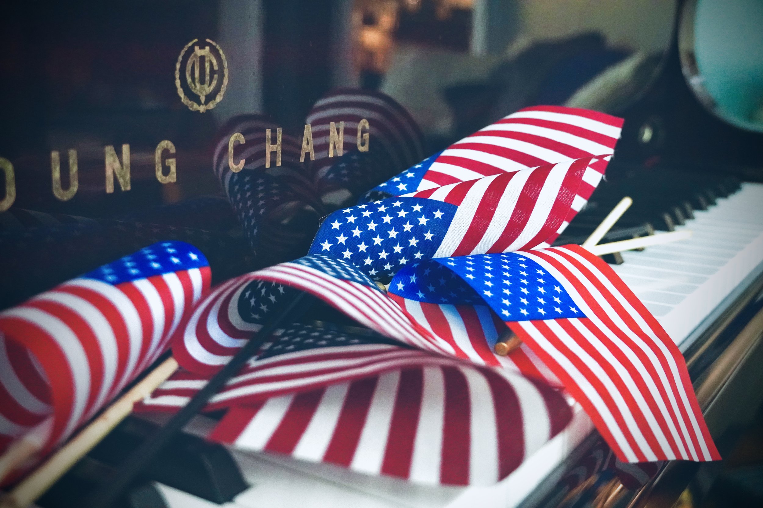 Young Chang piano with American flags