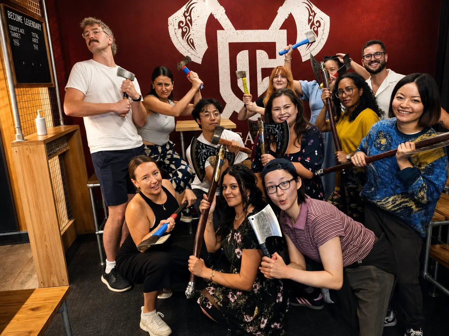 Corporate team building group with axes at Game of Throwing London