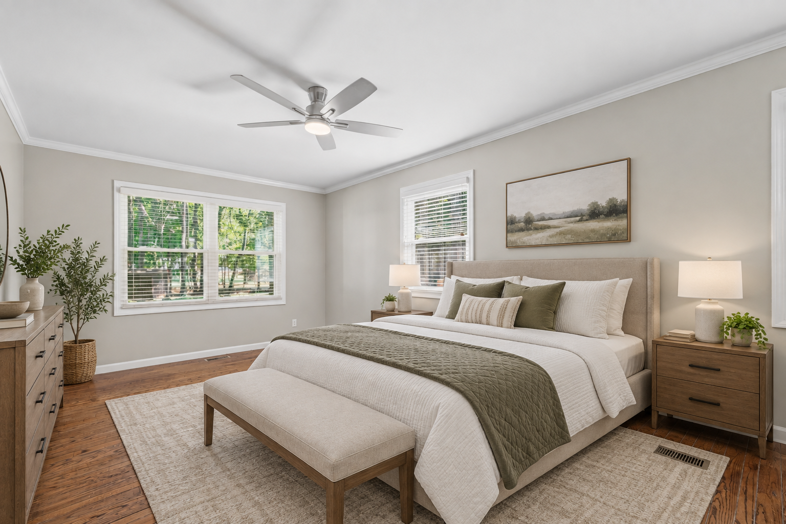 Same bedroom at 5930 Bunty Lane, virtually staged with a bed, nightstands, and decor