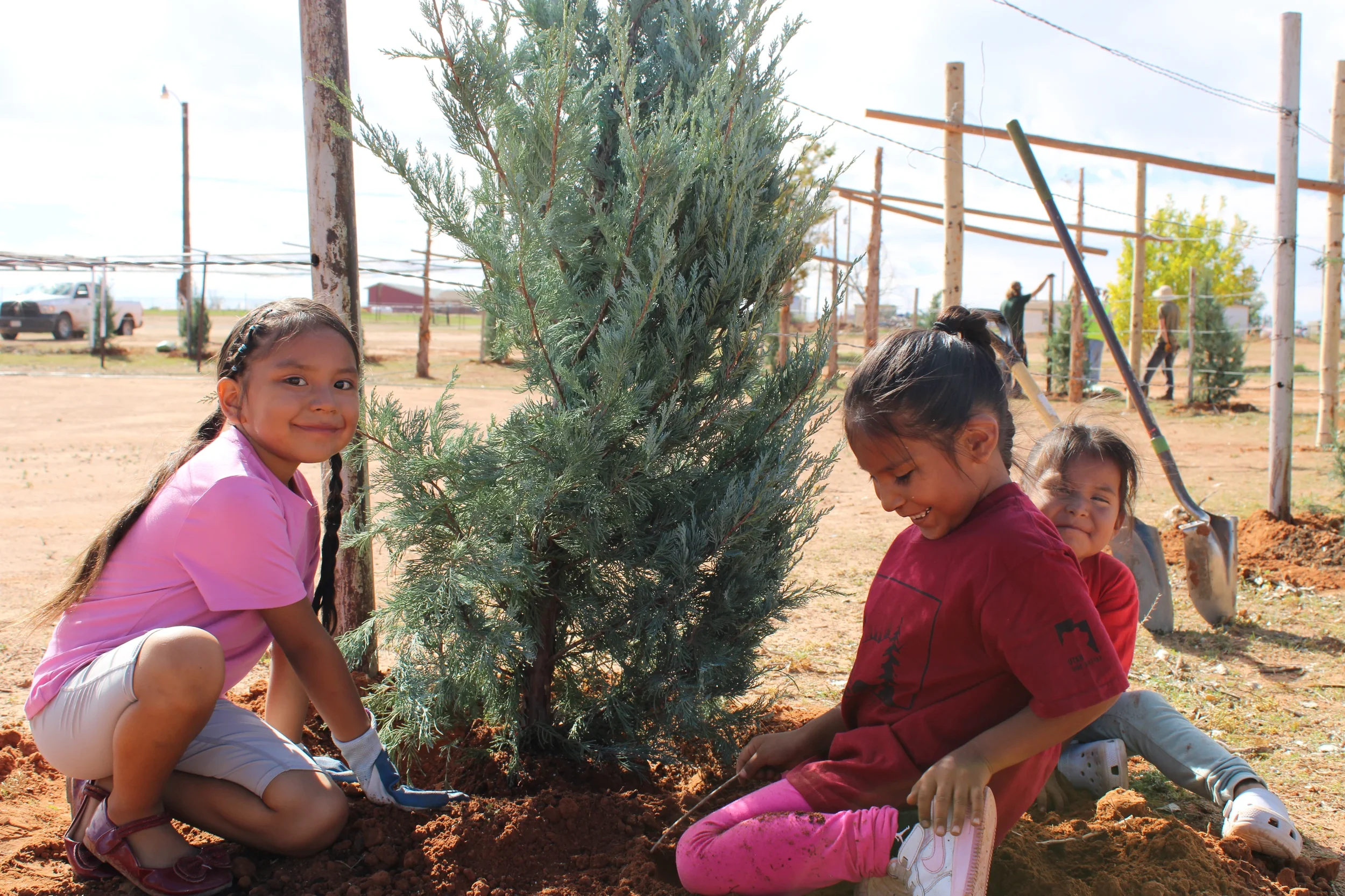 Youth gather around a newly planted juniper; a girl in pink smiles toward the camera.