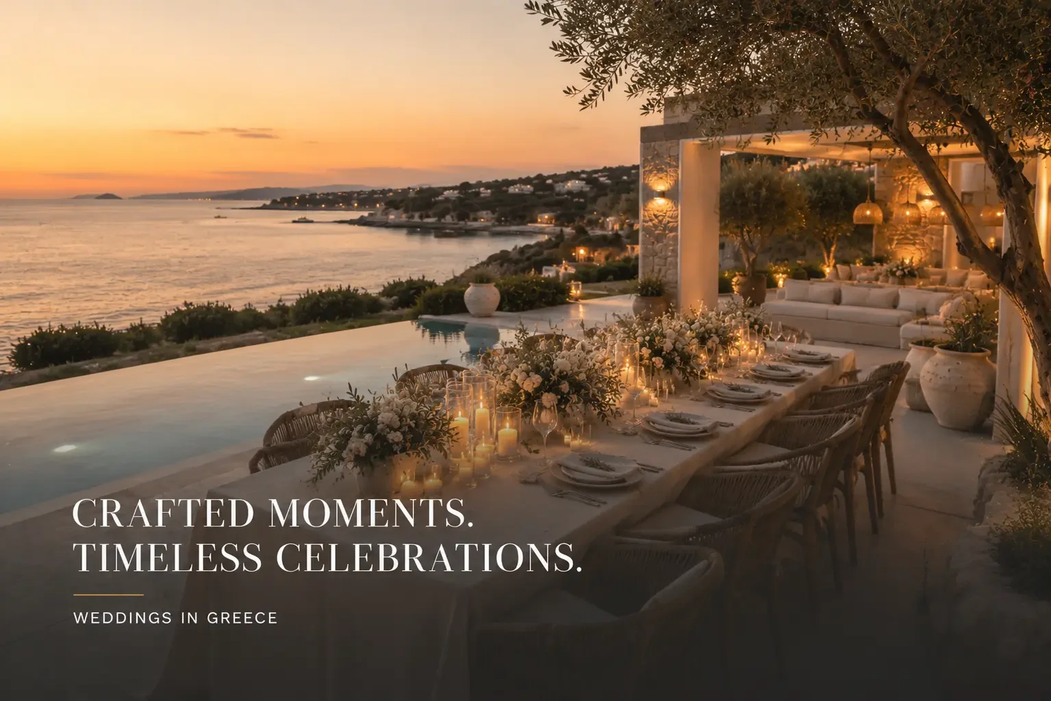 A polished Athens Riviera seaside estate at dusk with a modern coastal-luxury table setting by the sea.