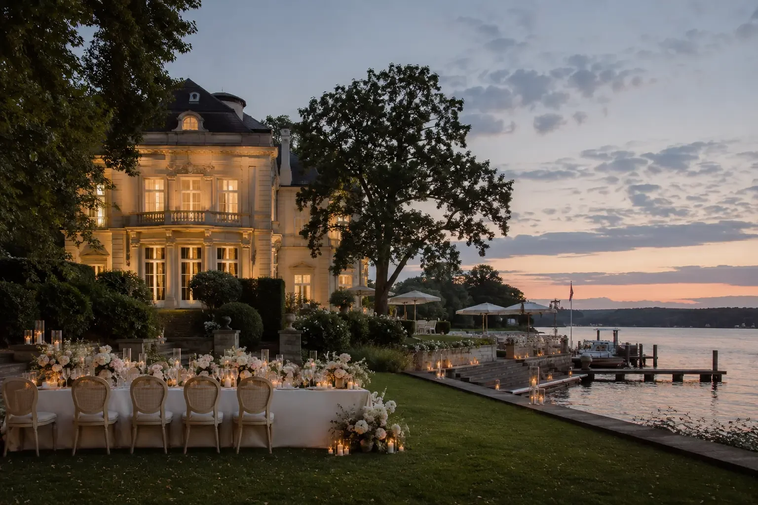 A historic lakeside villa with gardens on Lake Wannsee near Berlin set for a wedding at dusk.