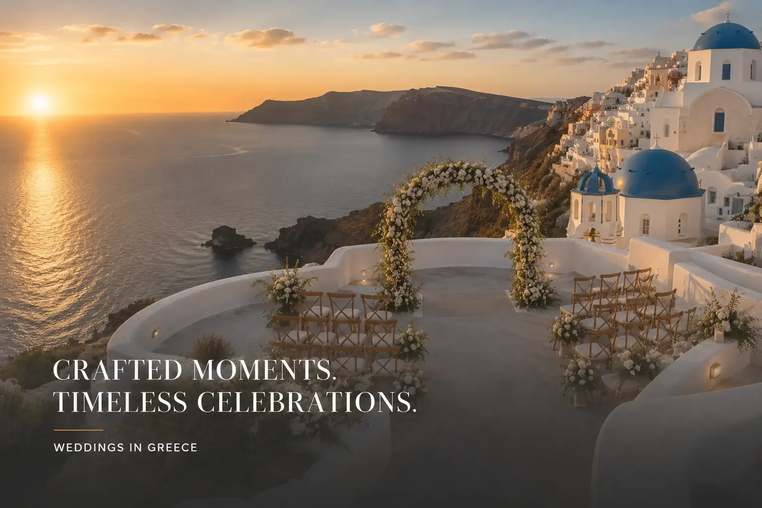 A clifftop Santorini terrace above the caldera at sunset, with whitewashed walls and a ceremony setup.