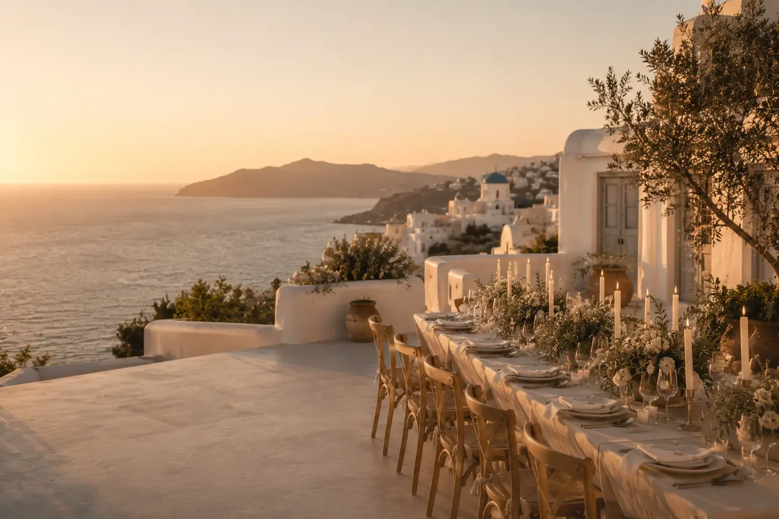 A long candlelit table on a whitewashed Greek terrace at golden hour, overlooking the Aegean, set for a destination wedding.
