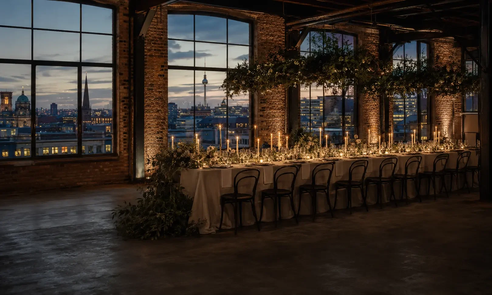A long candlelit table in a converted Berlin industrial space with brick and steel and large windows, set for a wedding at dusk.