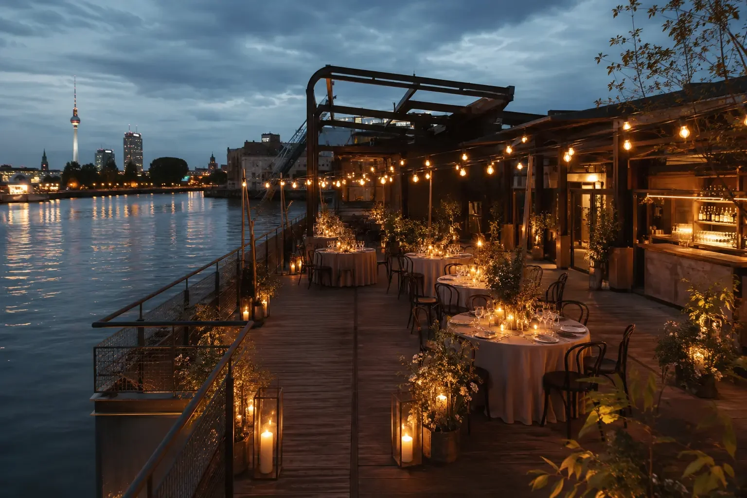 A floating wedding deck on the river Spree in Berlin at dusk with city lights behind.