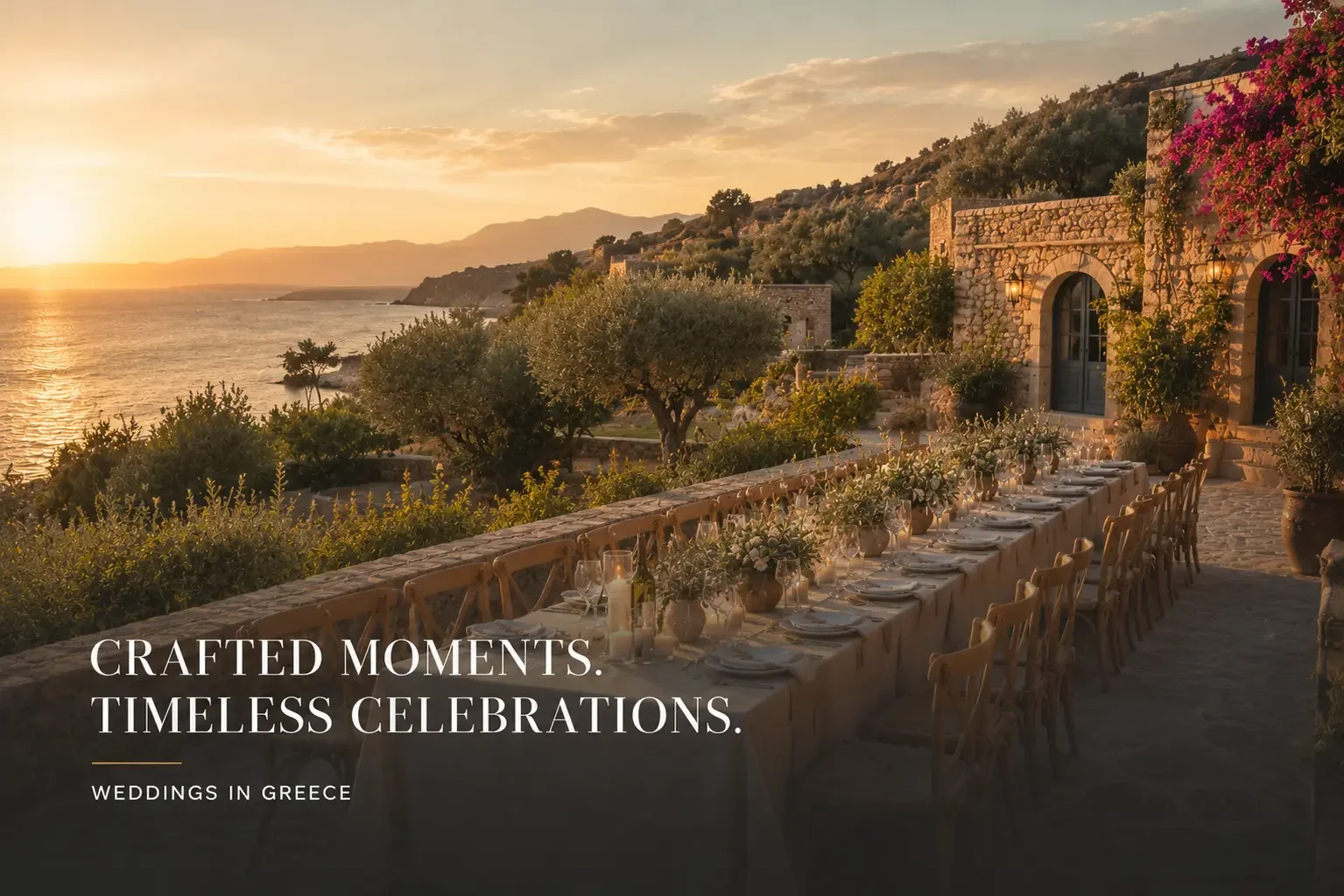 A Cretan coastal estate with stone buildings and olive groves beside the sea at golden hour.