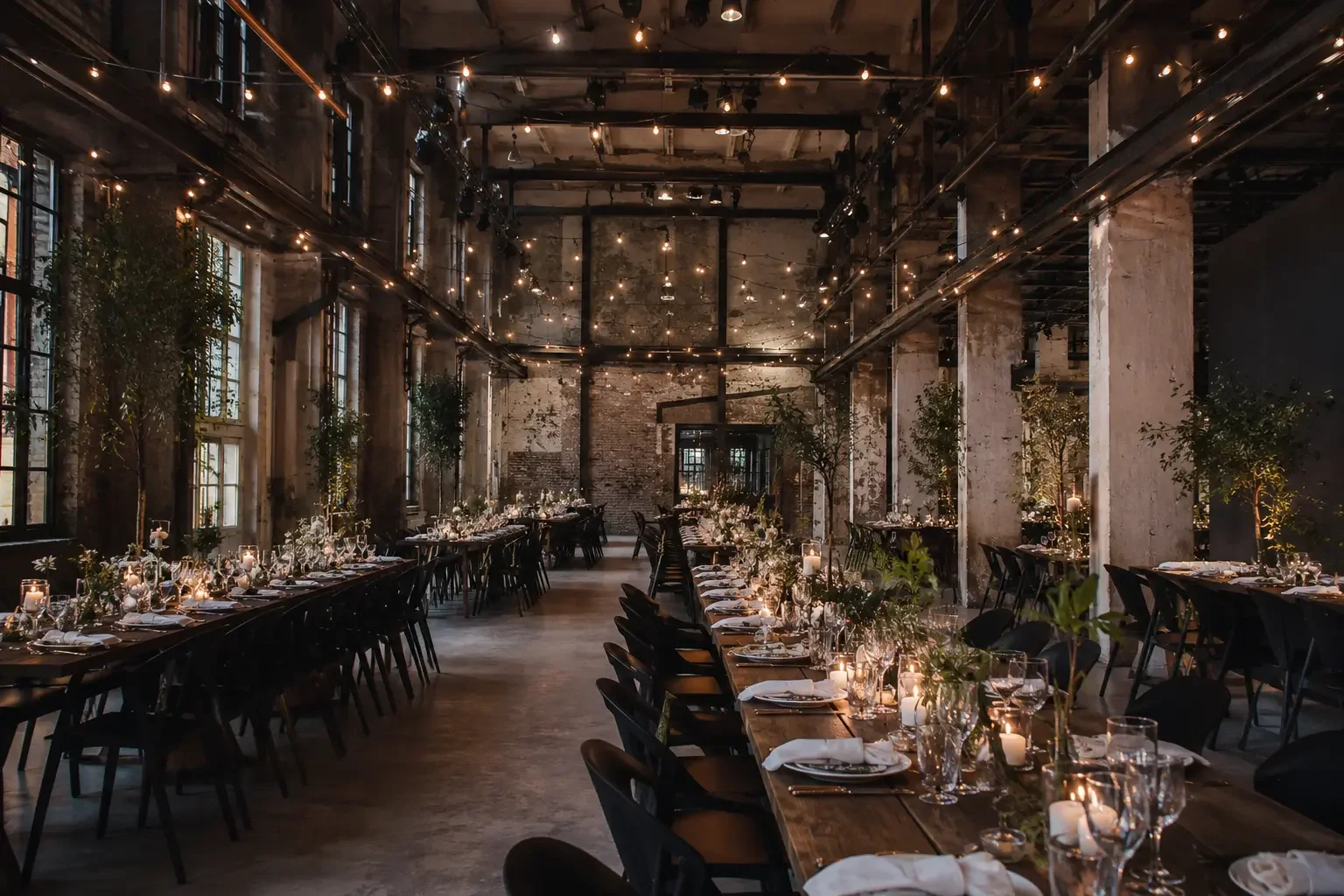 A vast industrial Berlin warehouse venue with exposed brick and steel, styled for a wedding reception.