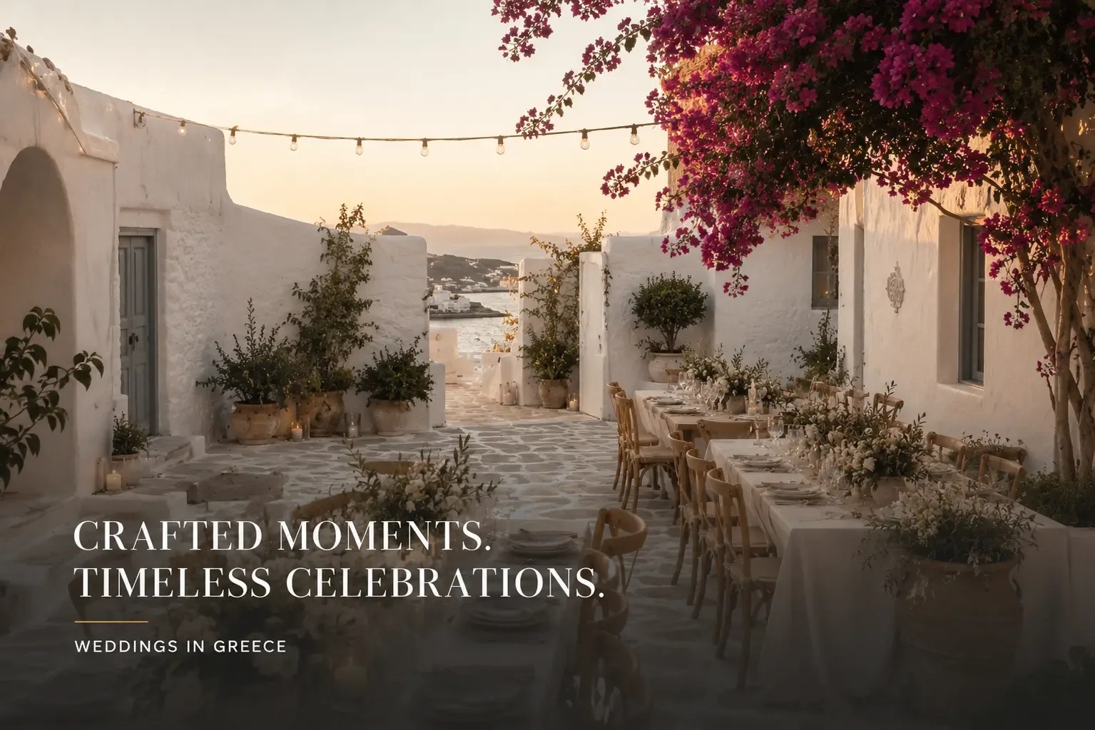 A quiet whitewashed Paros courtyard with bougainvillea in soft late-day light.
