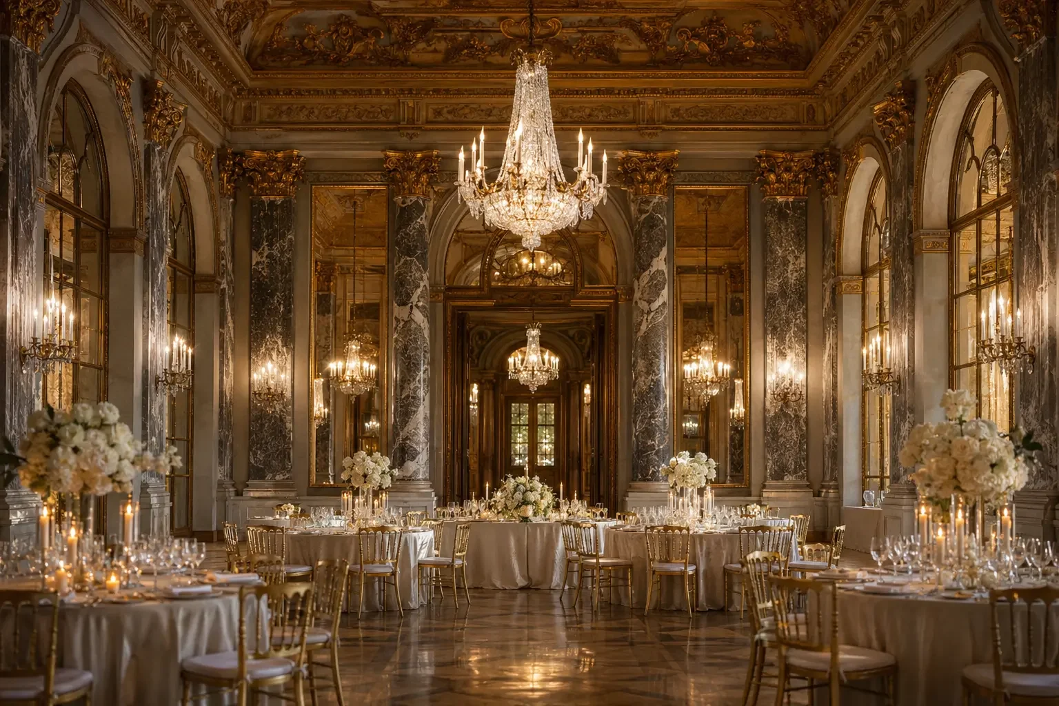 A grand Baroque Berlin palace ballroom with chandeliers set for an elegant wedding.