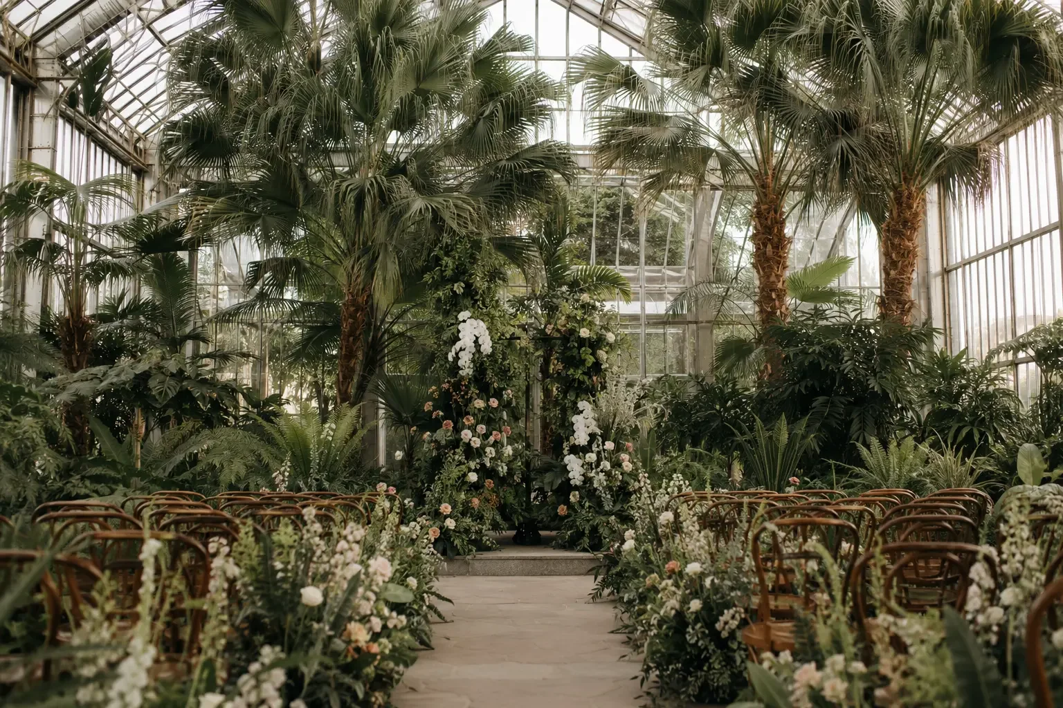 A lush glass-and-steel greenhouse at the Berlin Botanical Garden set for a wedding ceremony.