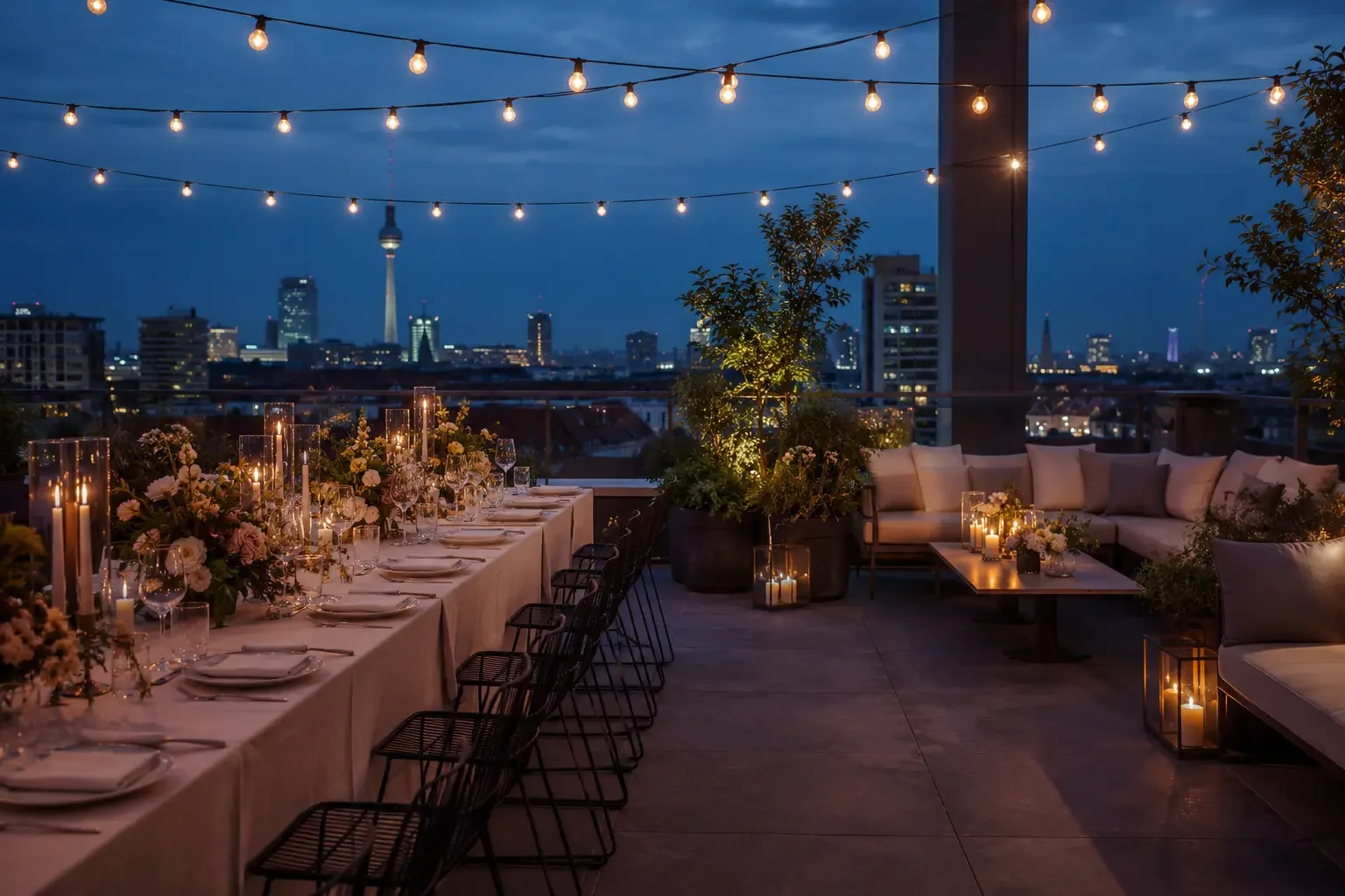 A stylish Berlin rooftop terrace wedding at dusk with the city skyline in the background.