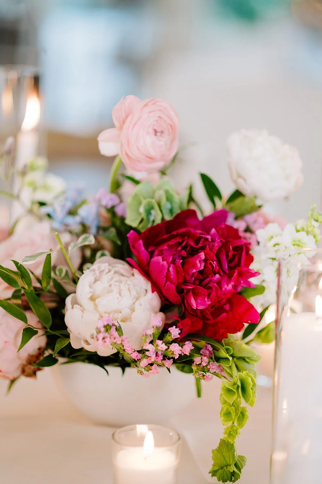 Centerpiece with red peony and blush garden roses, florals by Hydrangea Bloom, photographed by Karly Ellis Photography