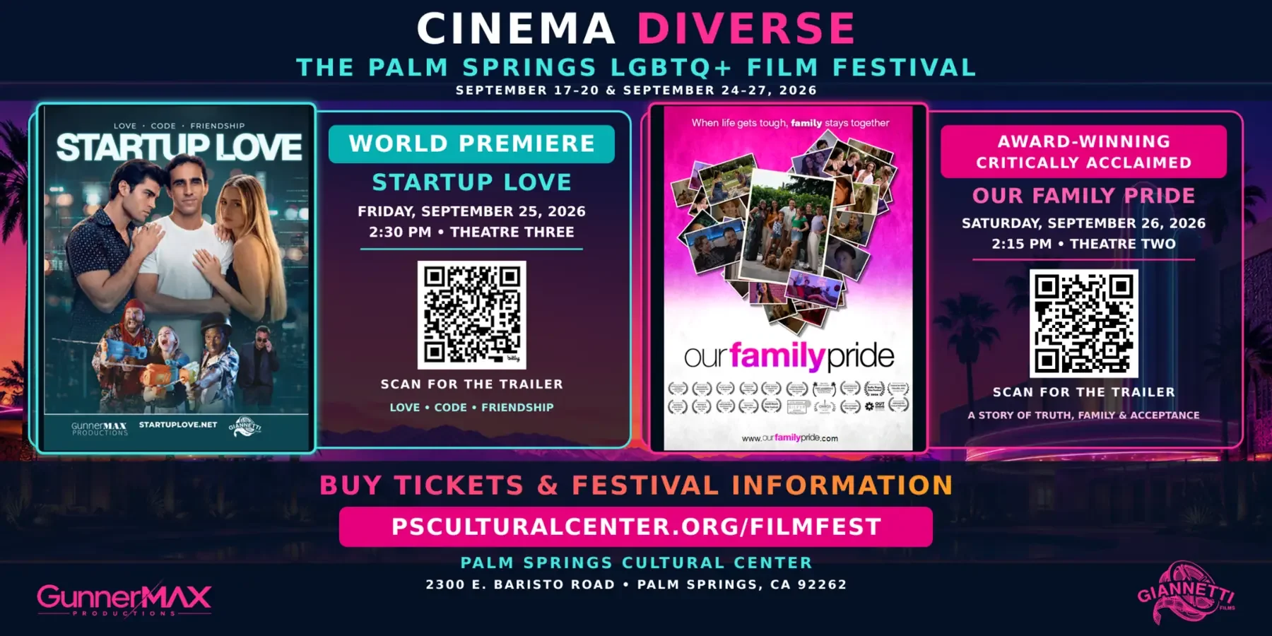 Cinema Diverse Palm Springs LGBTQ+ Film Festival promotion for Our Family Pride and StartUp Love