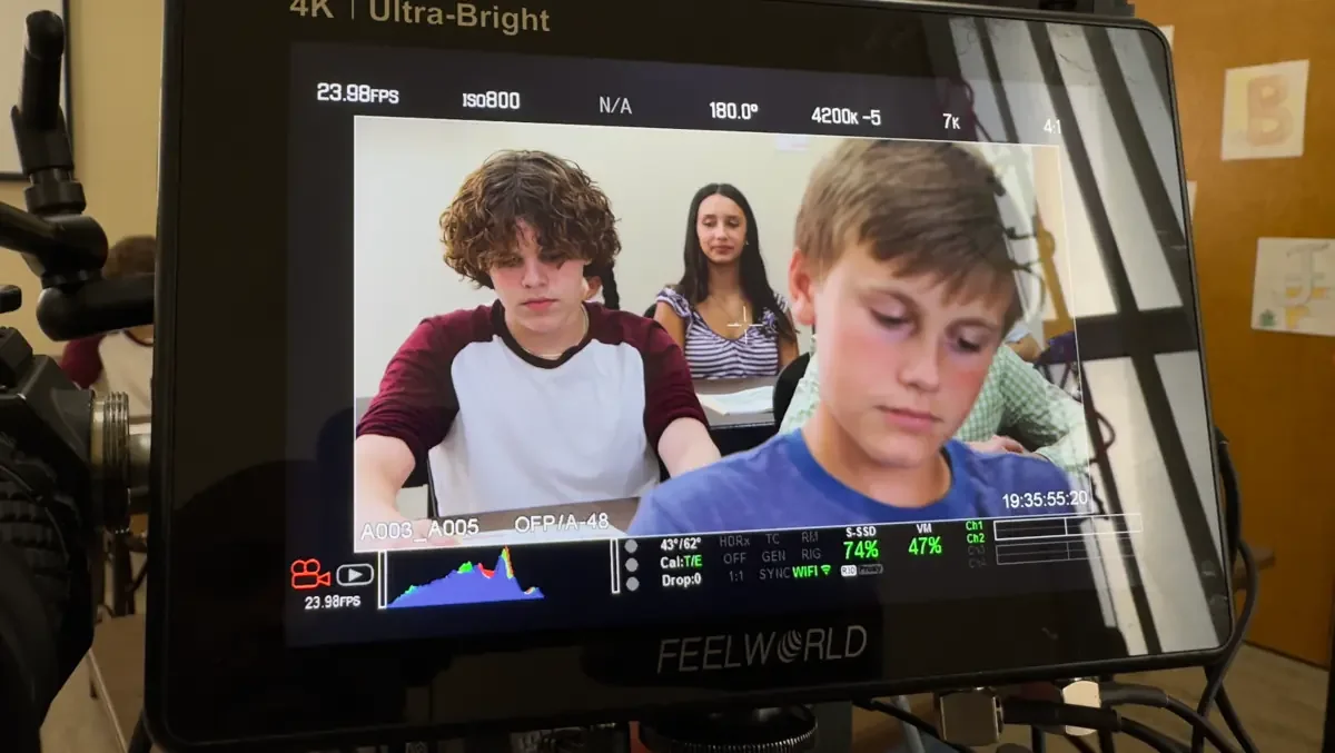 Production monitor showing a filmed scene