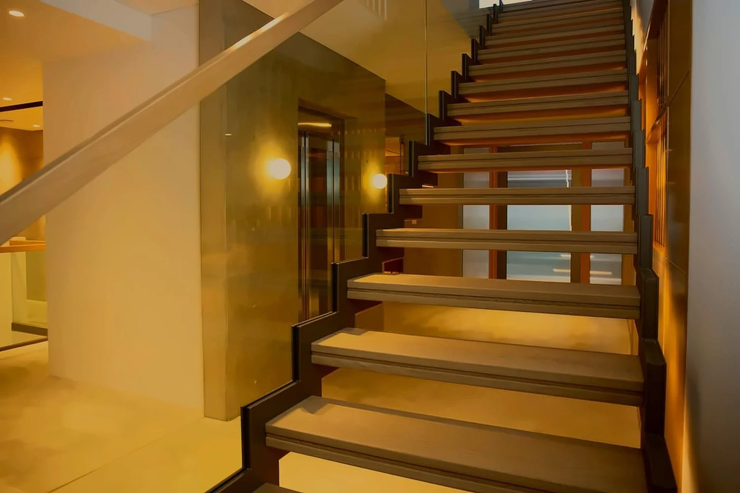 Oak and steel staircase beside a concrete wall in a private Sydney home